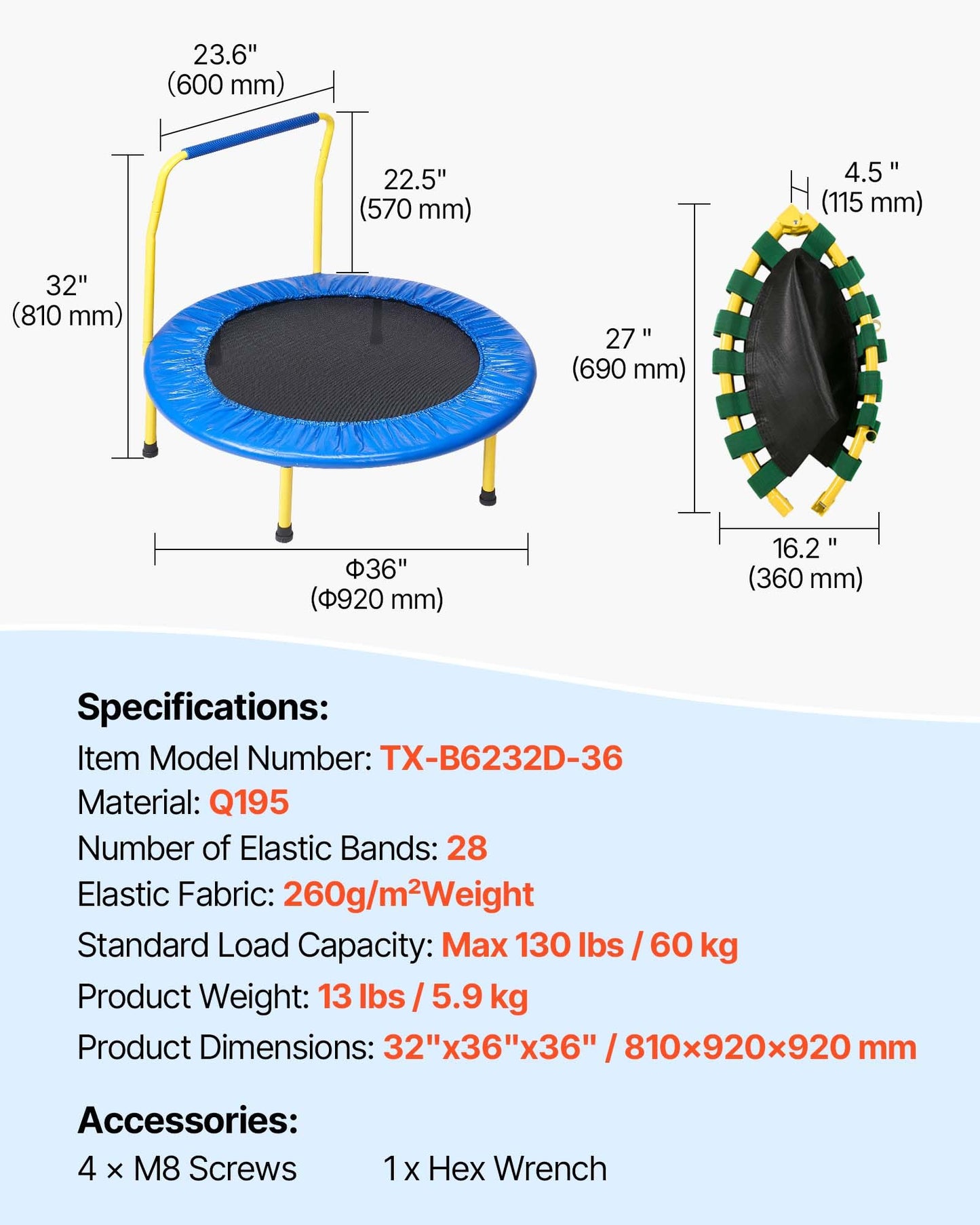 VEVOR 3FT Trampoline for Kids, 36" Trampolines Indoor/Outdoor Trampoline for Toddlers, Foldable