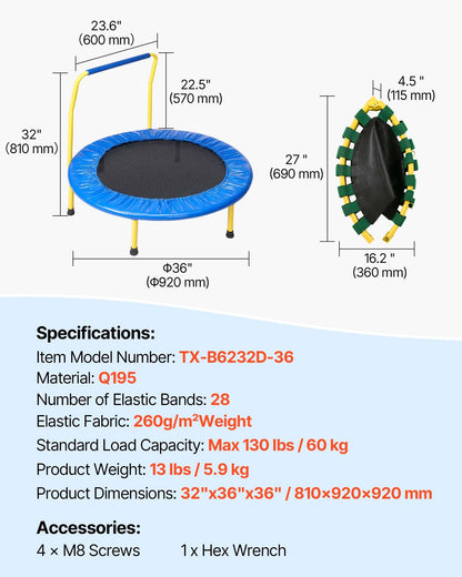 VEVOR 3FT Trampoline for Kids, 36" Trampolines Indoor/Outdoor Trampoline for Toddlers, Foldable