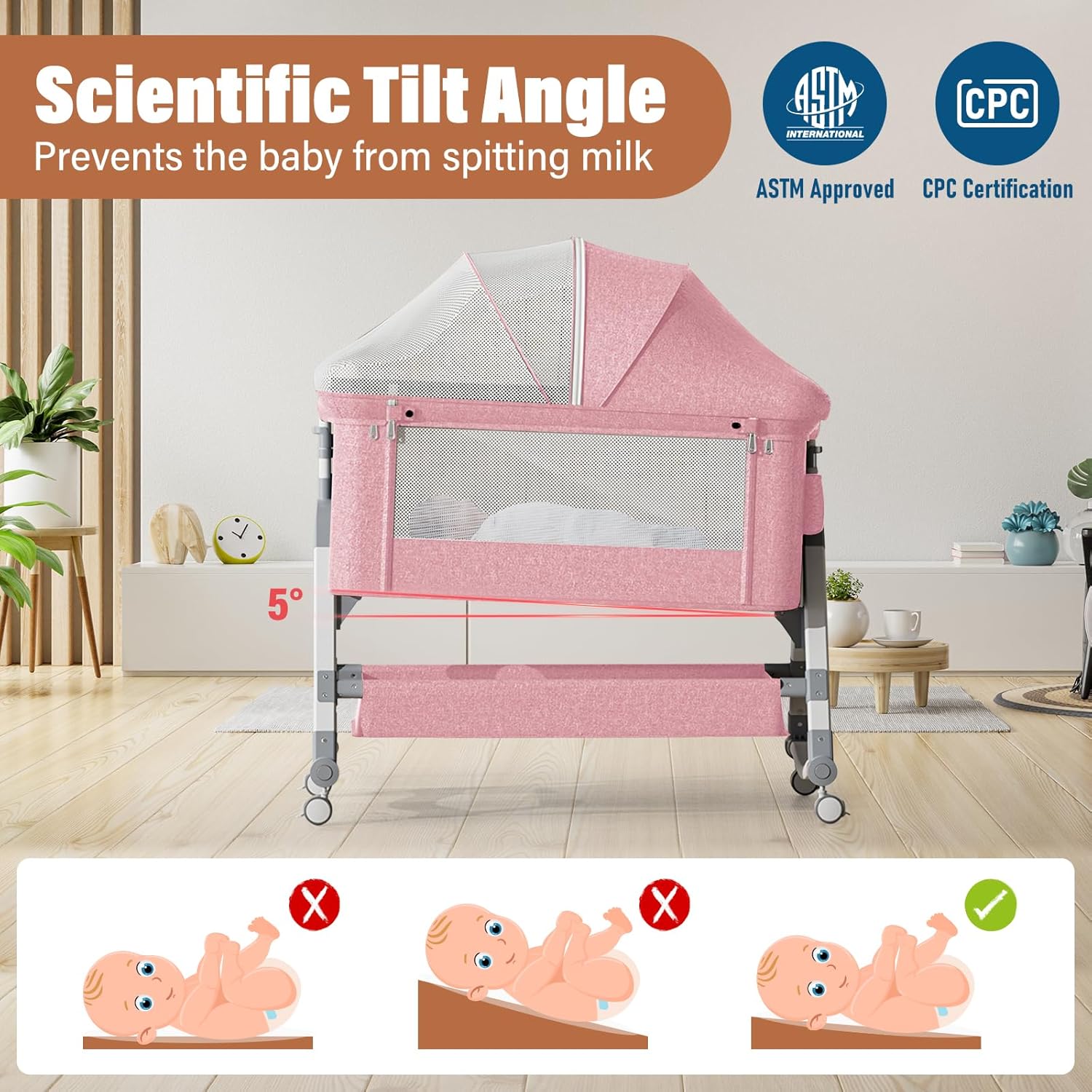 Jaoul 4 in 1 Baby Bassinet Bedside Sleeper Baby Crib, Adjustable Cosleeper for Baby, Easy Folding