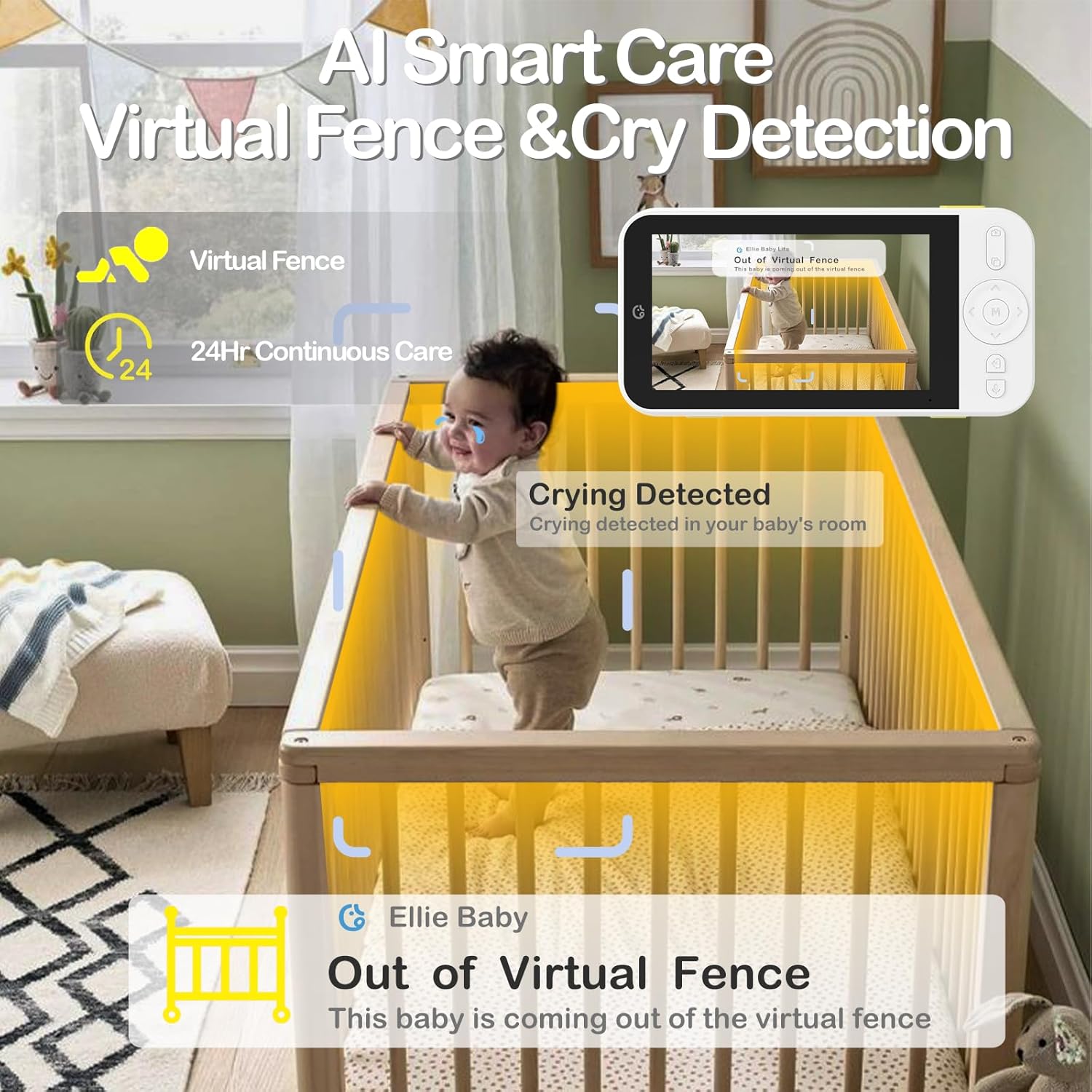 Ellie Baby Monitor No WiFi, Baby Monitor with Camera and Audio, 5" IPS 1080P with Wall Mount