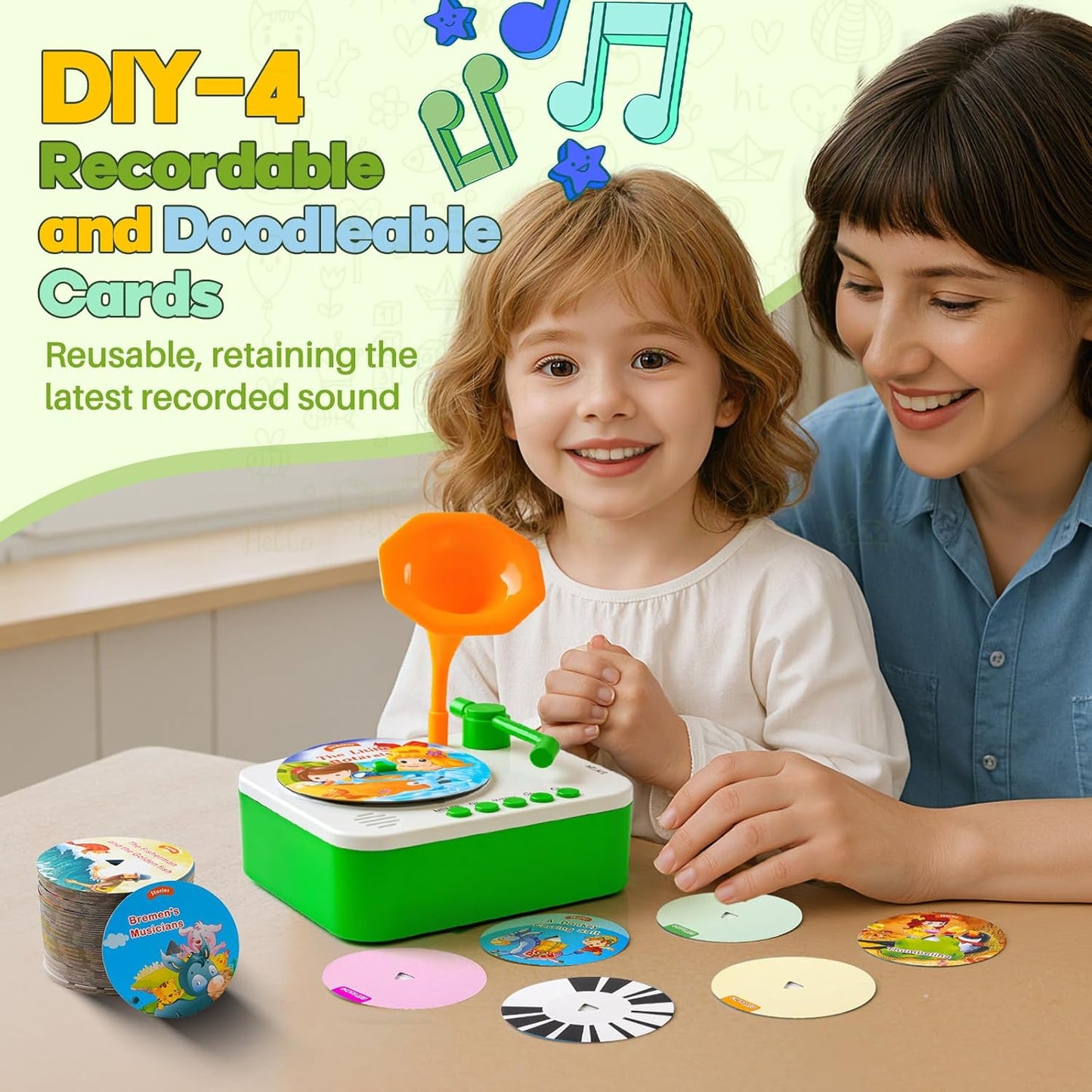 Kids Phonograph Toddler Record Player， with 96 Learning Cards, Early Education Machine Record