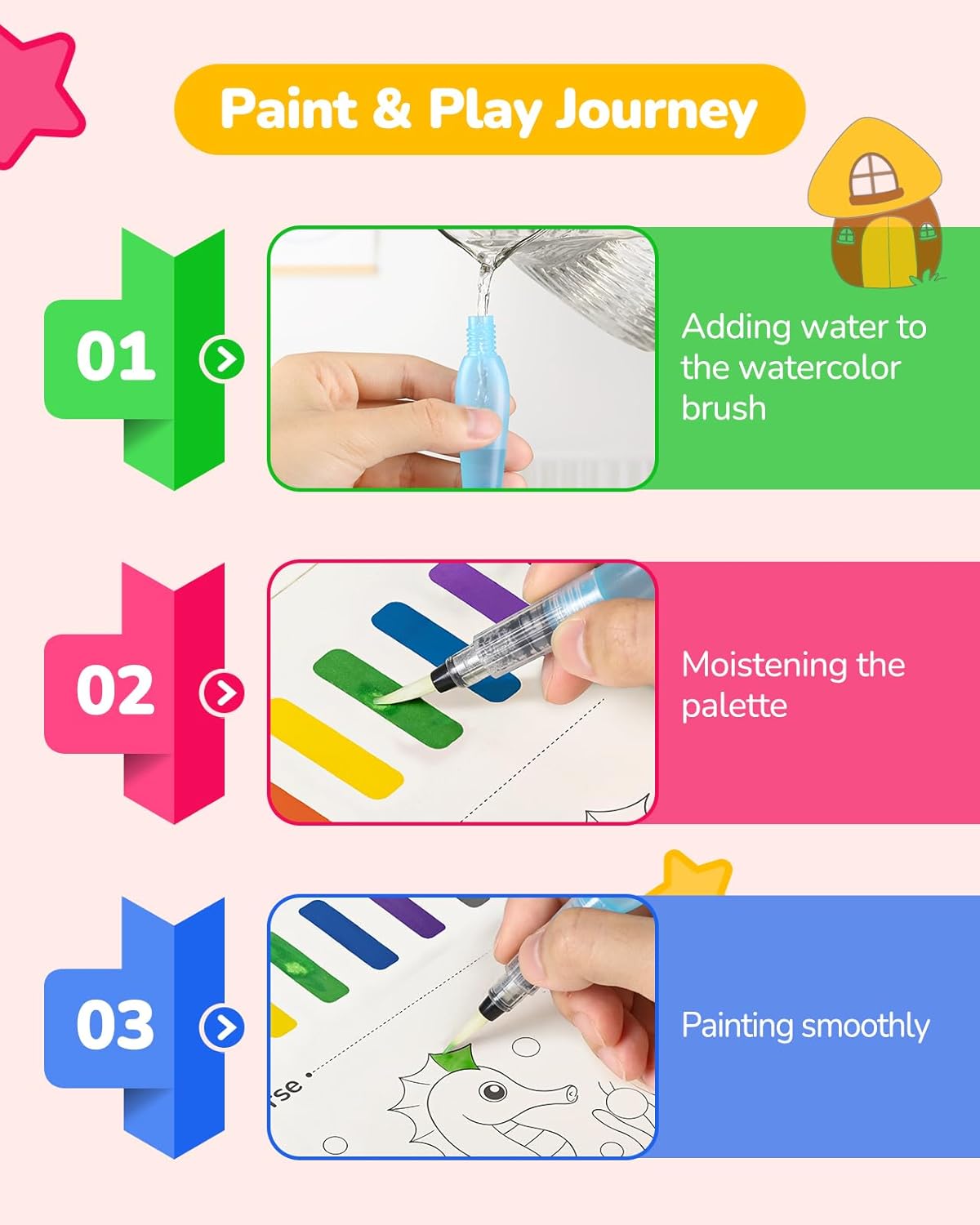 TECJOE 3 Pack Paint With Water Coloring Books for Toddlers, Watercolor Paint Set with 6 Brushes