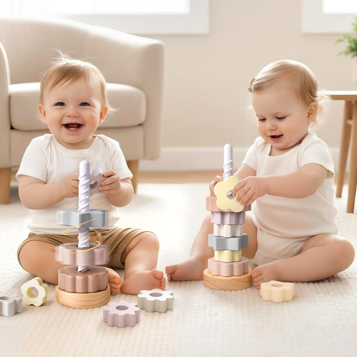 Joyreal Wooden Spinning Stacking Toys, Neutral Ring Stacker Montessori Toys for Toddlers 1-3