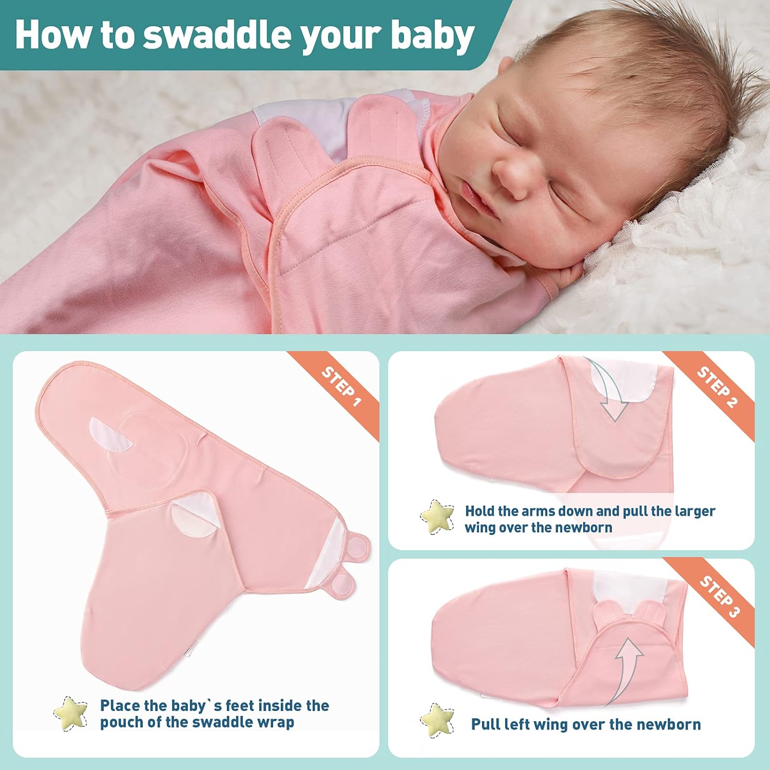 GLLQUEN BABY Swaddle Blankets for Baby Girls, Orange Pink Feather & Wave Point, 3 Pack Wrap Set