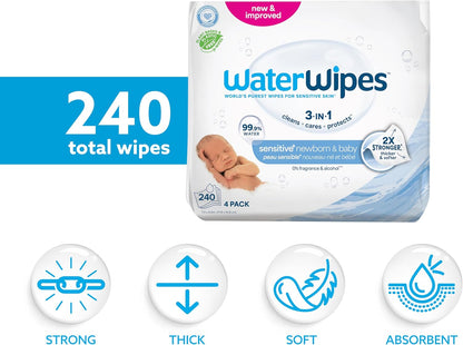 WaterWipes Sensitive+ Newborn & Baby Wipes, 3-In-1 Cleans, Cares, Protects, 99.9% Water, Unscented