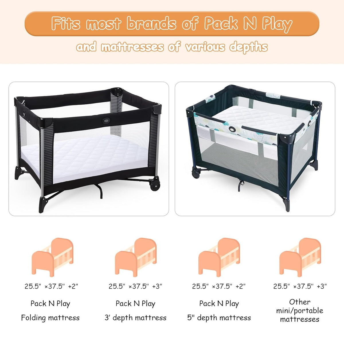 Yoofoss Waterproof Pack and Play Mattress Protector 2 Pack, Quilted Pack and Play Mattress Pad