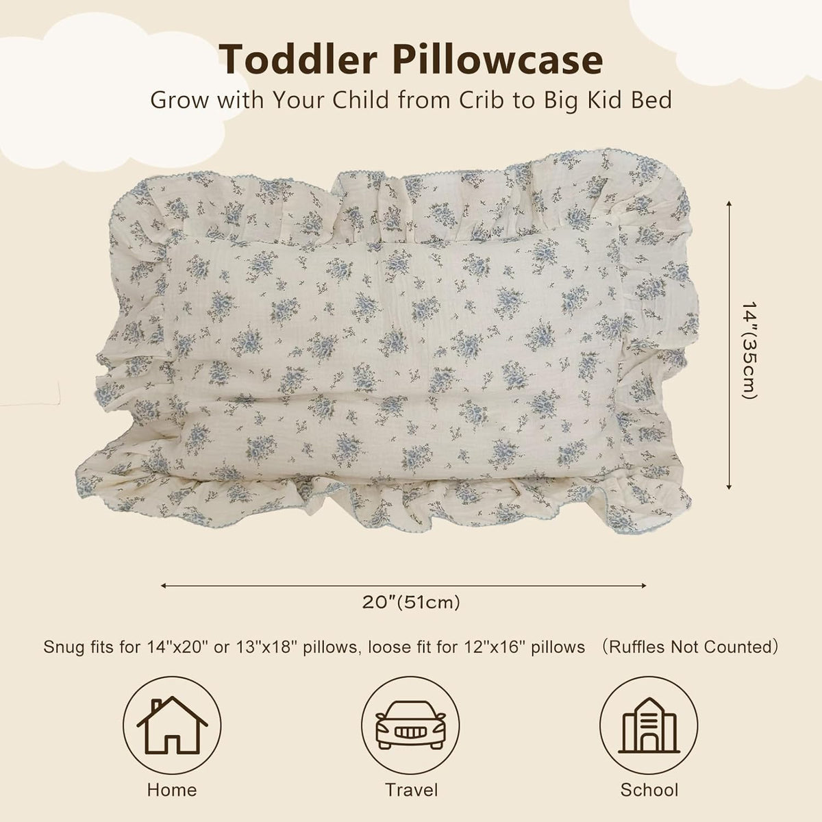 BuLuTu Cotton Muslin Toddler Pillowcases with Blue Flowers Print Soft Breathable Gauze Small Pillow