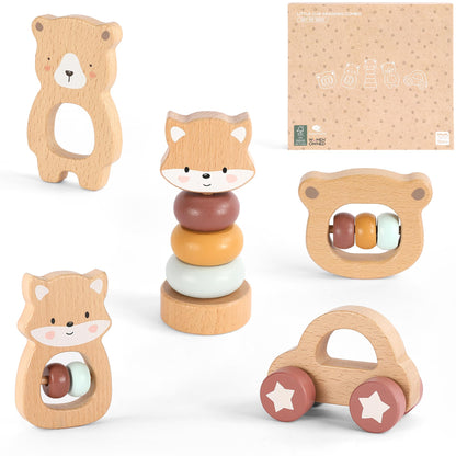 FReniland Wooden Montessori Toys, 5-Piece Wooden Baby Toys, Bear Baby Rattle, Fox Stacking Ring