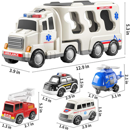 TEMI 5 Pack Ambulance Vehicle Toddler Truck Toys for 3 4 5 6 Year Old Boys, Friction Powered Cars