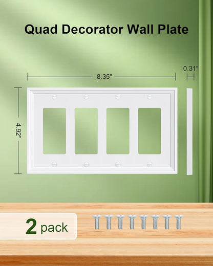 2-Pack Quad Decorator Outlet Cover Plate, White Decorative Switch Plates and Outlet Covers, Natural
