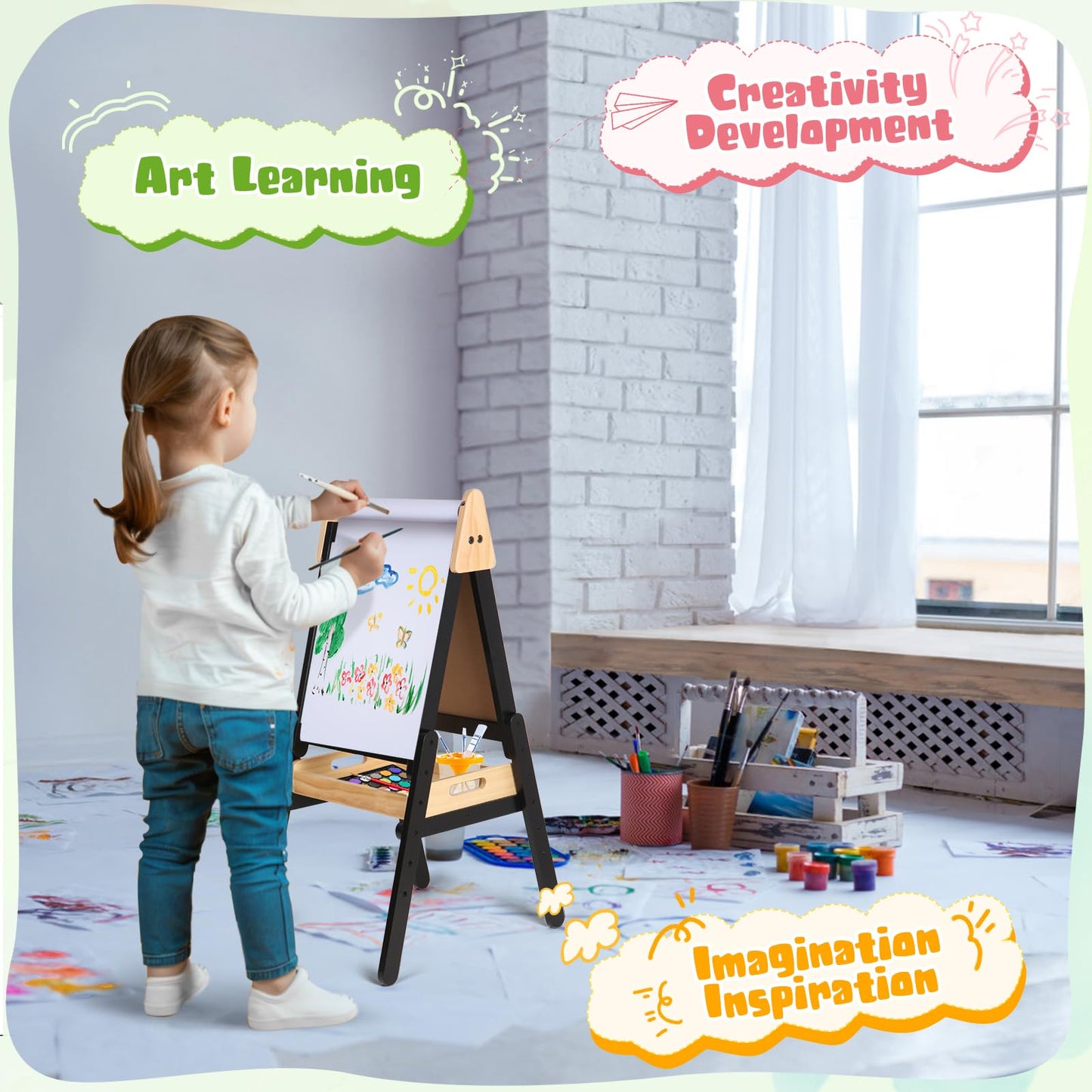 3 in 1 Easel for Little Kids with Wood Tray, Double Sided Wooden Easel with Paper Roll, Magnetic