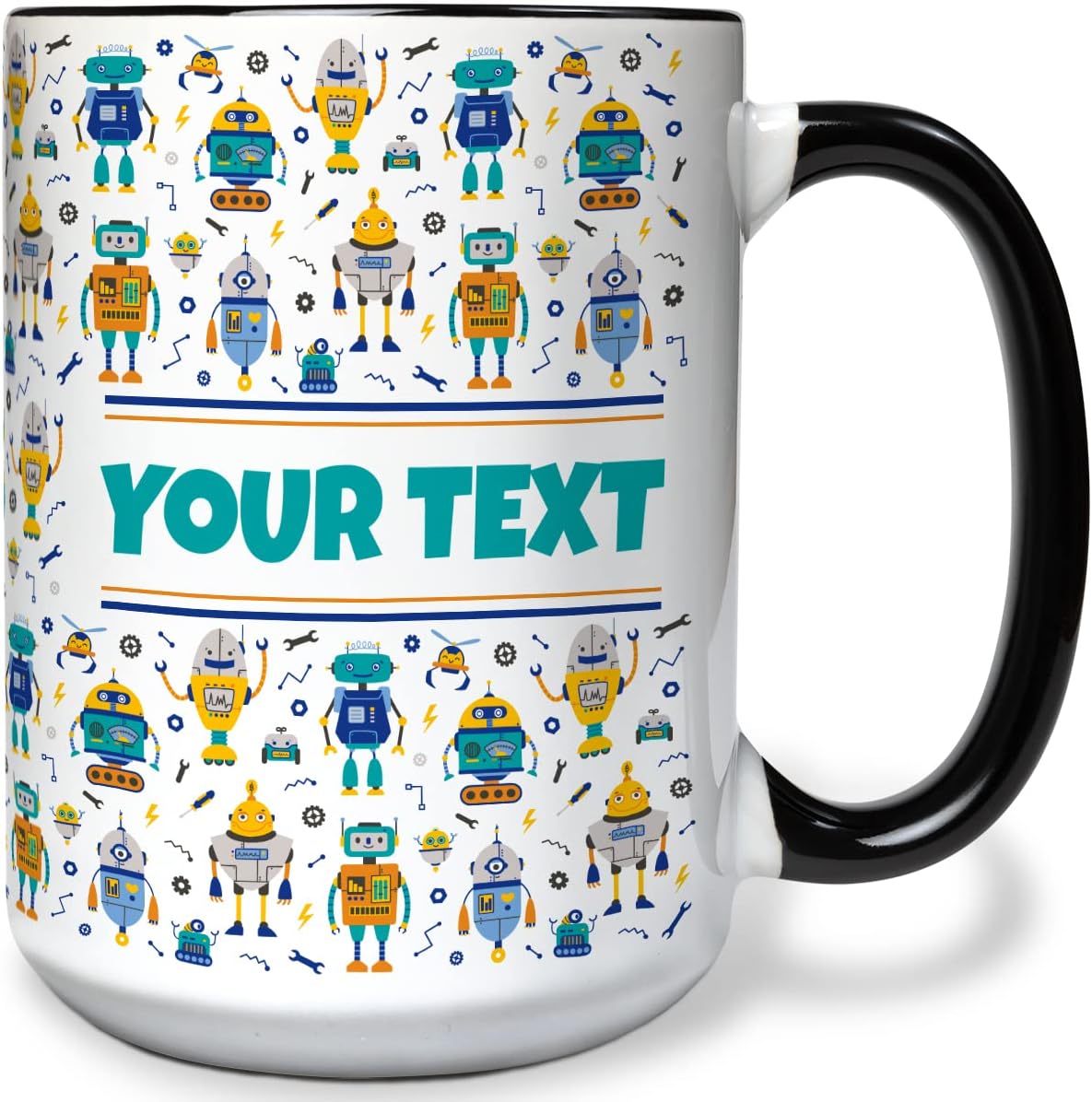 Personalized Mug for Kids - Robots - Custom Name/Text, Ceramic Hot Chocolate/Cocoa/Coffee Cup for