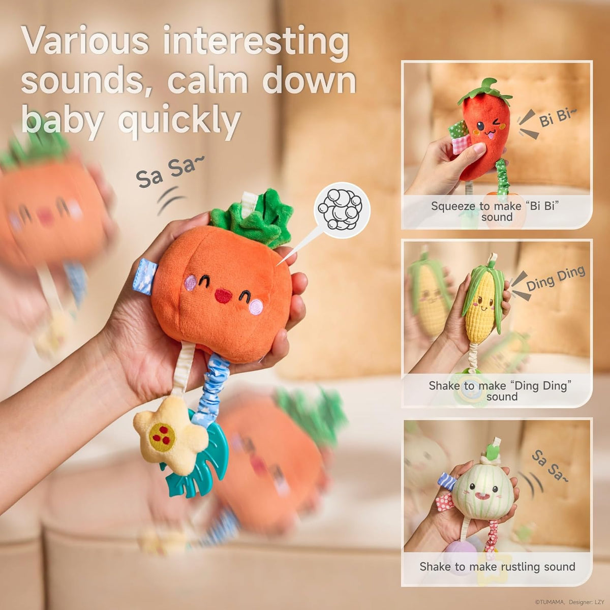 TUMAMA Hanging Baby Toys, 4 Pack Vegetable Crib Stroller Baby Gym Mobile Plush Toys, Early Baby