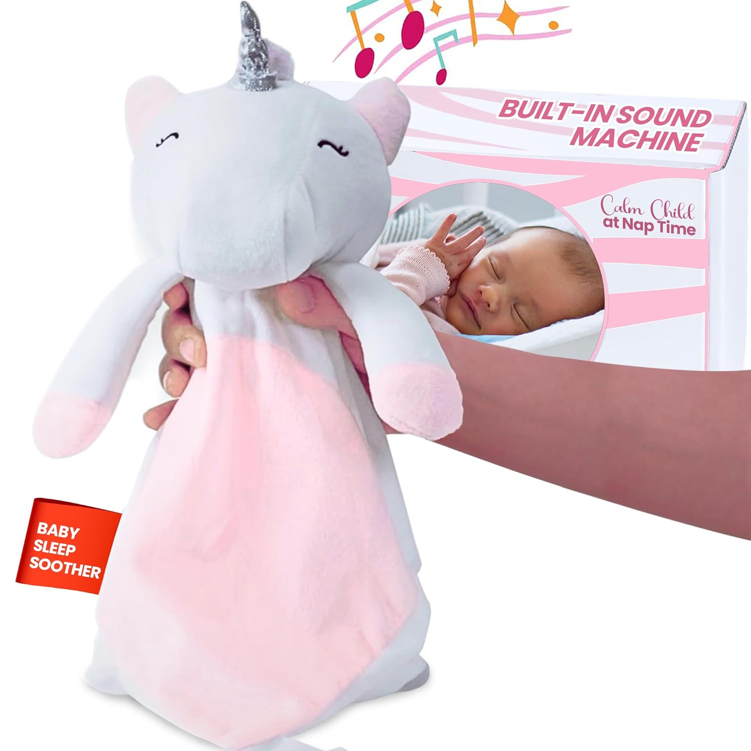 4-in-1 Sound Machine, Baby Lovey, Blanket - White Noise & Lullaby Plush Unicorn Calms & Reduces