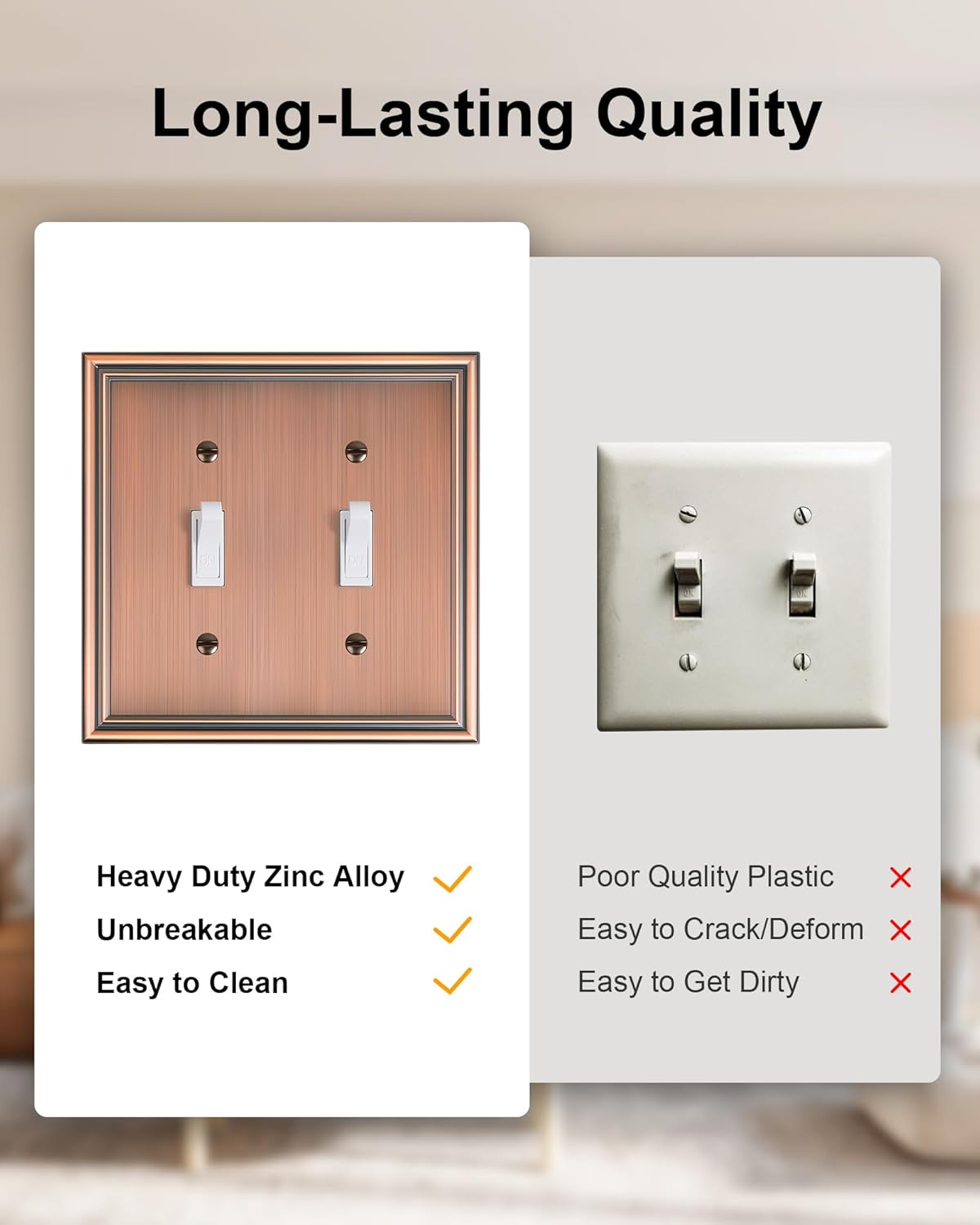 2-Pack Double Toggle Light Switch Cover Plate, Durable Solid Zinc Alloy Decorative Dual Switch
