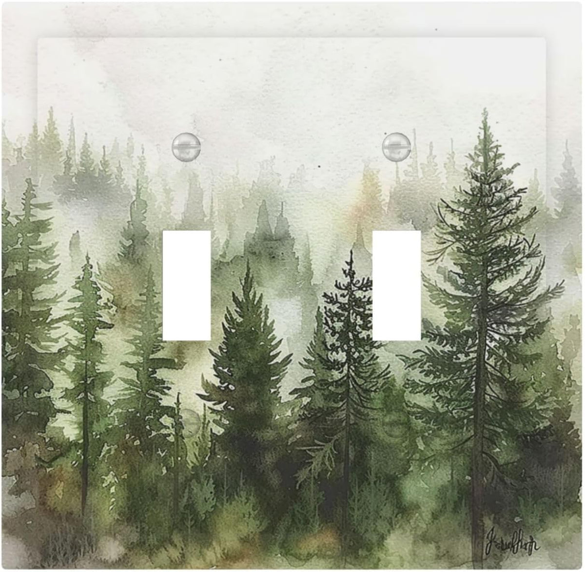 Decorative Switch Plates Green Forest Watercolor Painting Foggy Pine 2 Gang Double Toggle Outlet