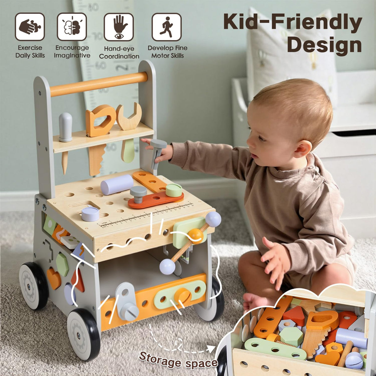 labebe Wooden Baby Walker, Baby Push Walker, Tool Toy for Toddlers, Adjustable Speed Baby Walker
