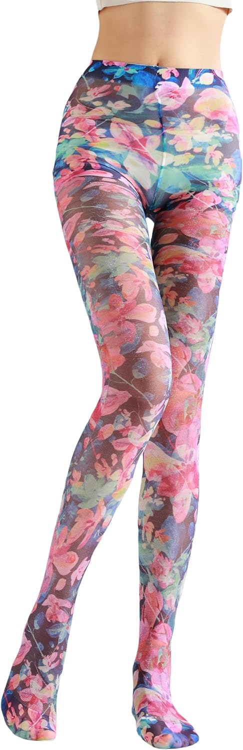 Sahabowi Women's Sheer Fashion Digital Print Fashions Stockings Metallic Silver Tights 1