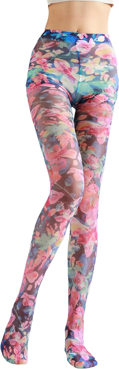 Sahabowi Women's Sheer Fashion Digital Print Fashions Stockings Metallic Silver Tights 1