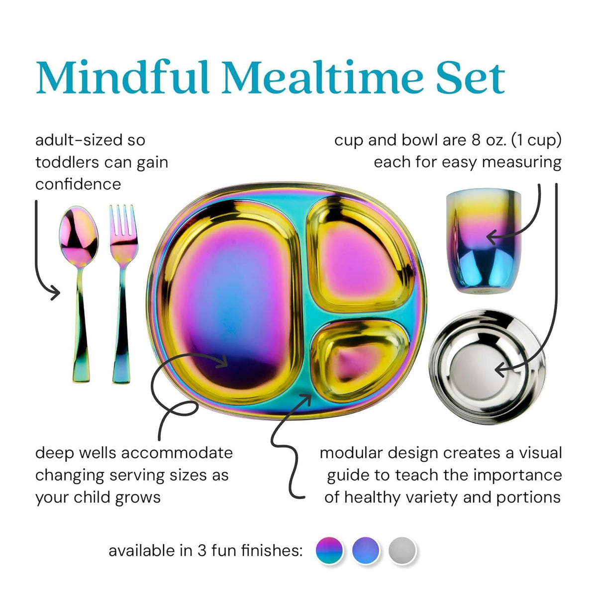 Ahimsa Stainless Steel Kids Dinnerware Set - 5 Piece Stainless Steel Toddler Plates and Bowls Set