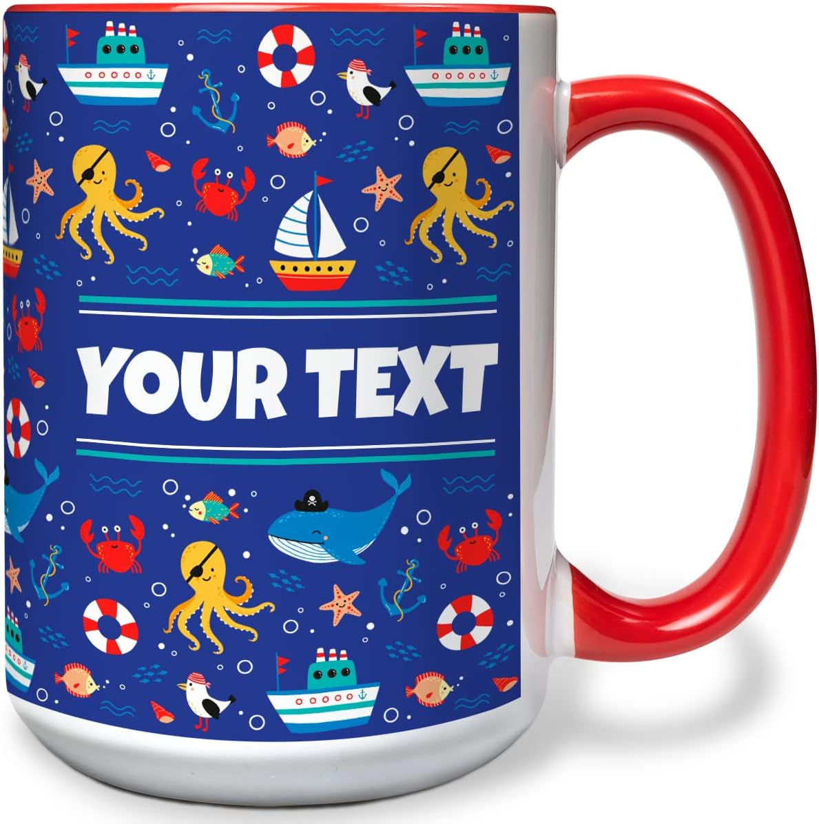 Personalized Mug for Kids - Nautical - Custom Name/Text, Ceramic Hot Chocolate/Cocoa/Coffee Cup for