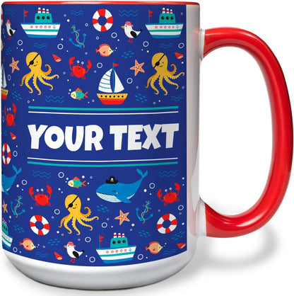 Personalized Mug for Kids - Nautical - Custom Name/Text, Ceramic Hot Chocolate/Cocoa/Coffee Cup for