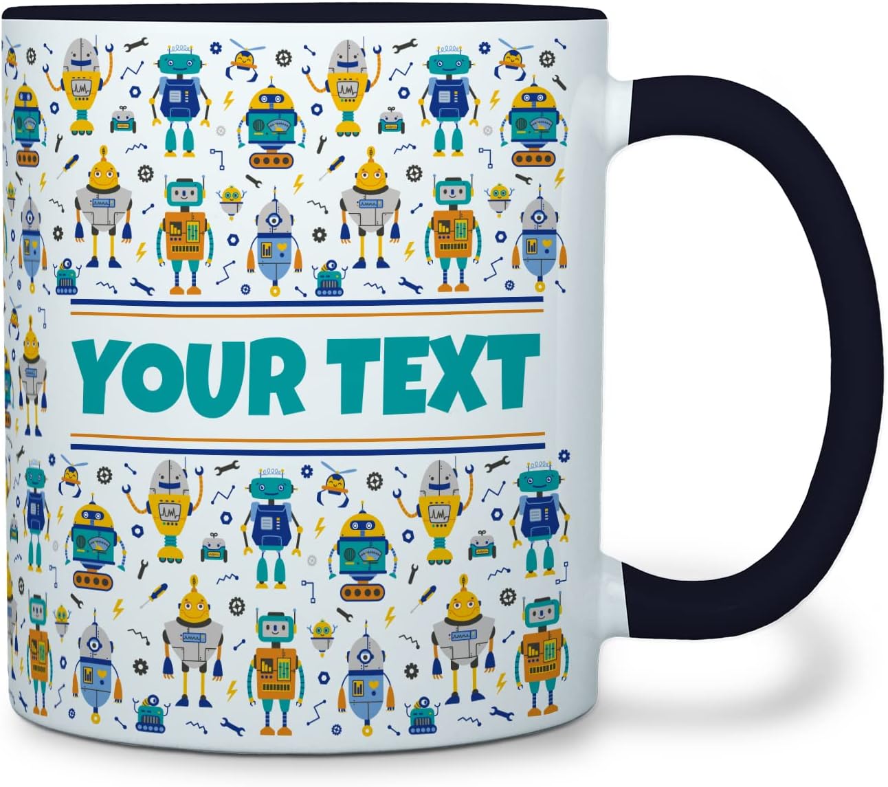 Personalized Mug for Kids - Robots - Custom Name/Text, Ceramic Hot Chocolate/Cocoa/Coffee Cup for