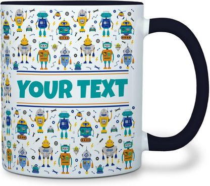 Personalized Mug for Kids - Robots - Custom Name/Text, Ceramic Hot Chocolate/Cocoa/Coffee Cup for