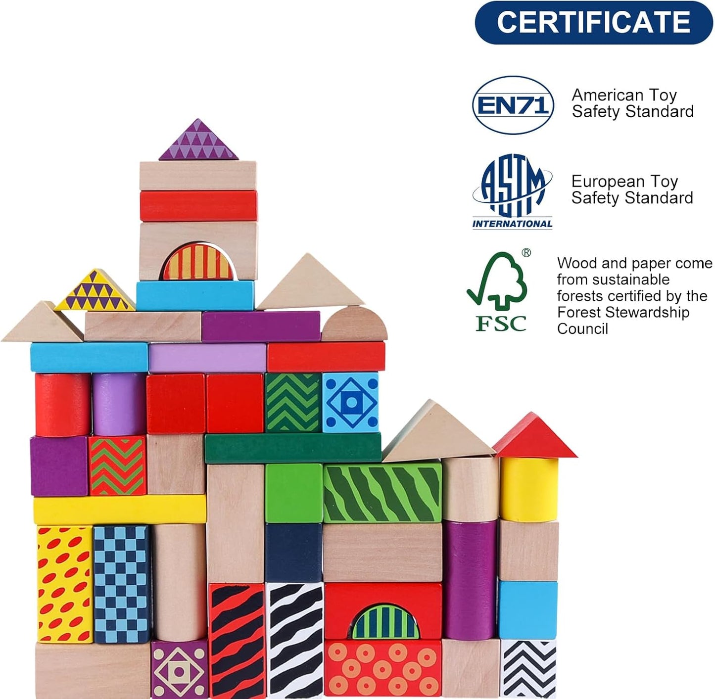 Wooden Building Blocks for Toddlers 1-3, Montessori Shape Sorting & Stacking Toys, 50 Pcs Colored