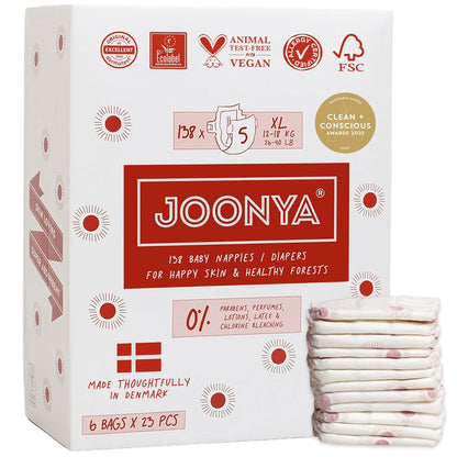 Joonya Baby Diapers, Size 5 XL (26-40 lb) - 6 Bags of 23 (138) - New Range - NonToxic