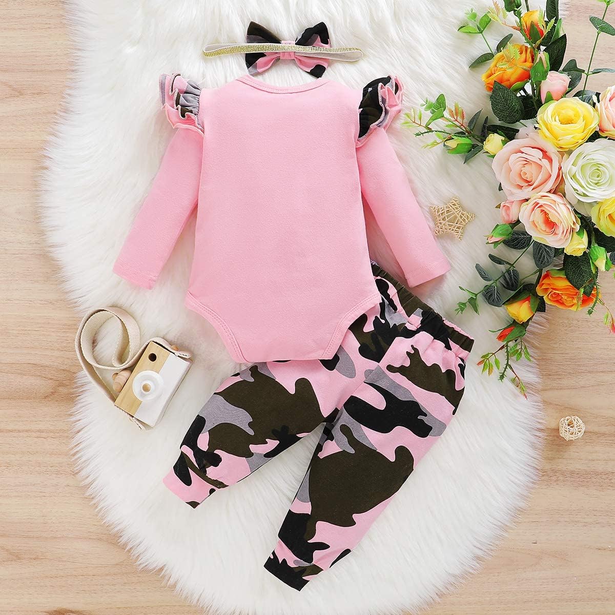 Newborn Baby Girl Clothes, Infant Girl Outfits Long Sleeve Ruffle Romper + Floral Pants + Headband