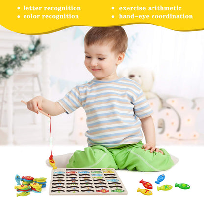 Magnetic Wooden Fishing Game Toy for Preschoolers, Alphabet Fish Catching Counting Games Puzzle