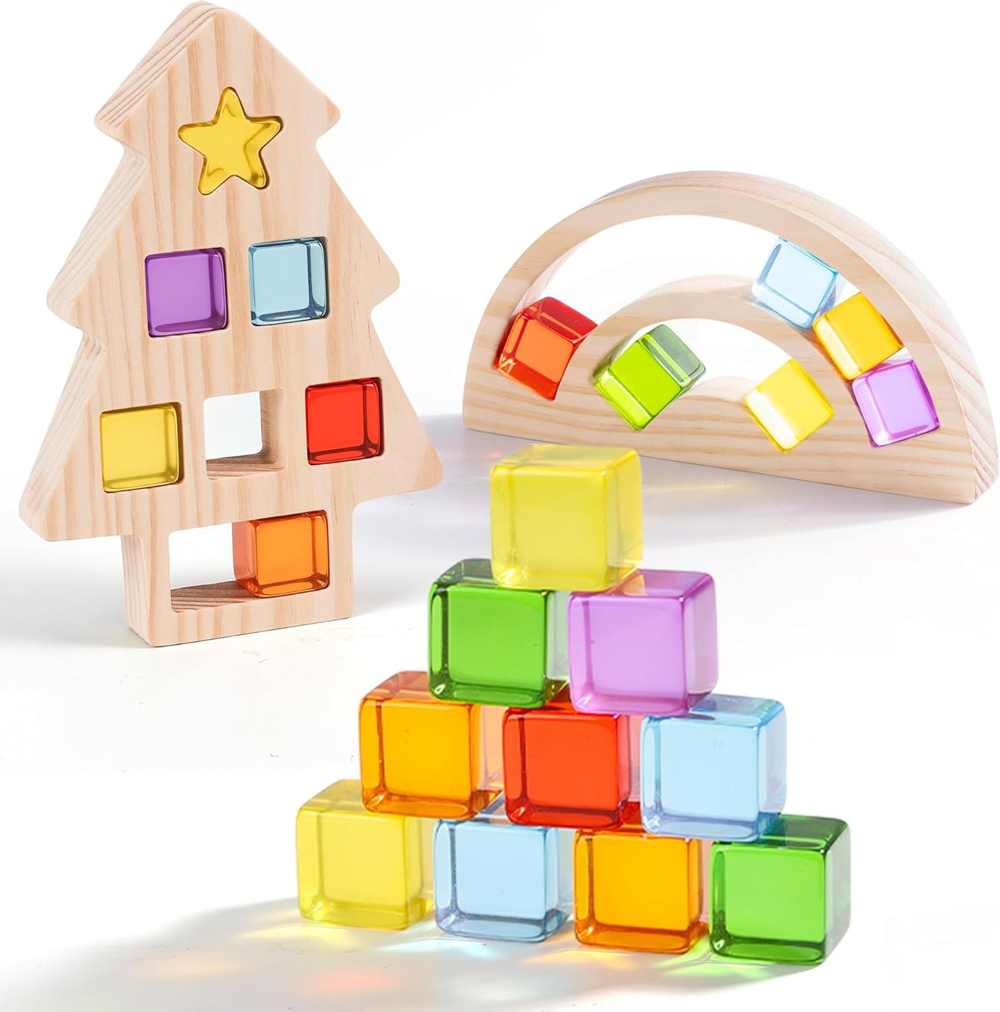 Wooden Building Blocks Set for Kids, Rainbow & Tree Shaped Wood Frame - 24 PCS Rainbow Gem Cubes