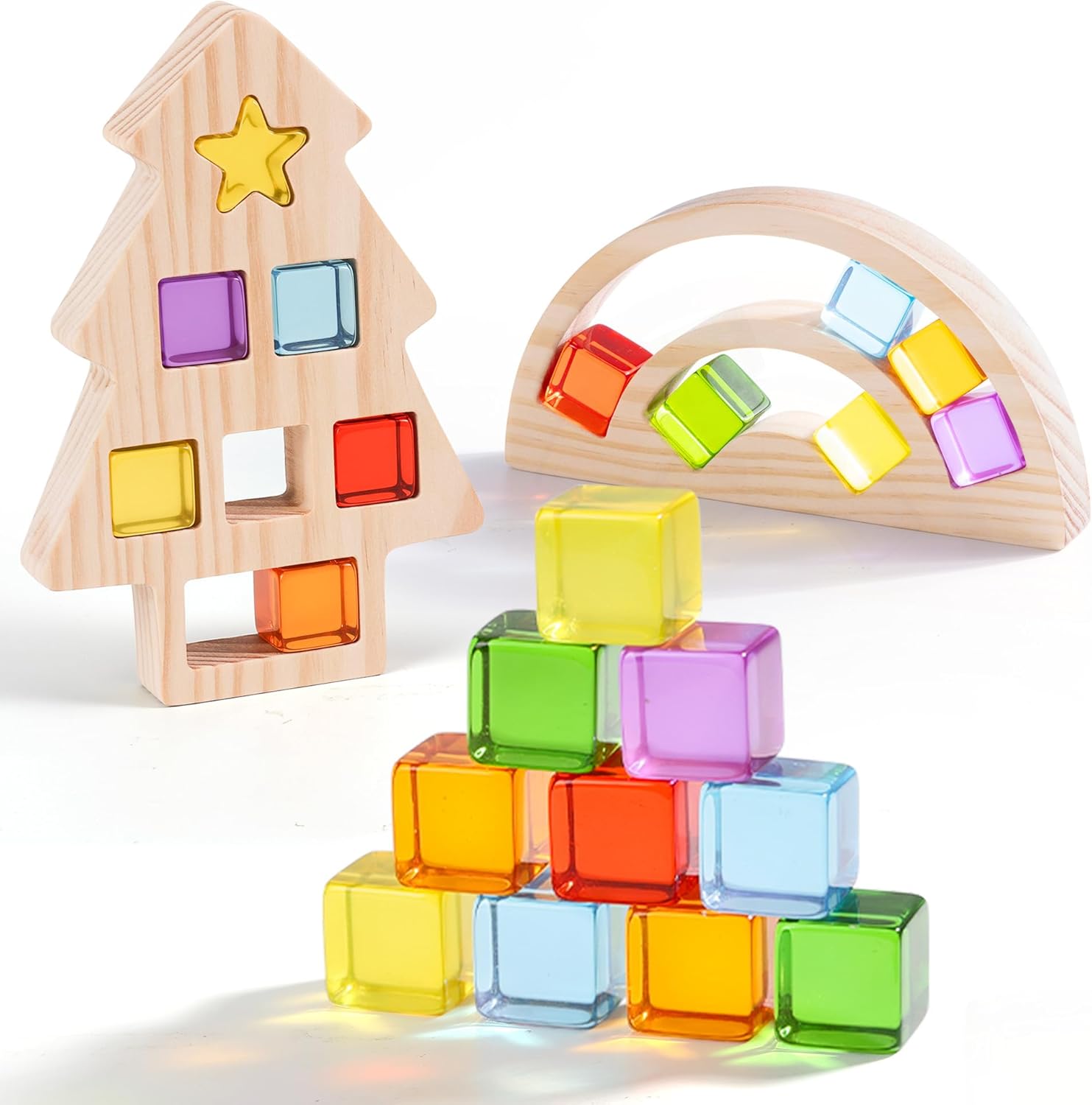 Wooden Building Blocks Set for Kids, Rainbow & Tree Shaped Wood Frame - 24 PCS Rainbow Gem Cubes