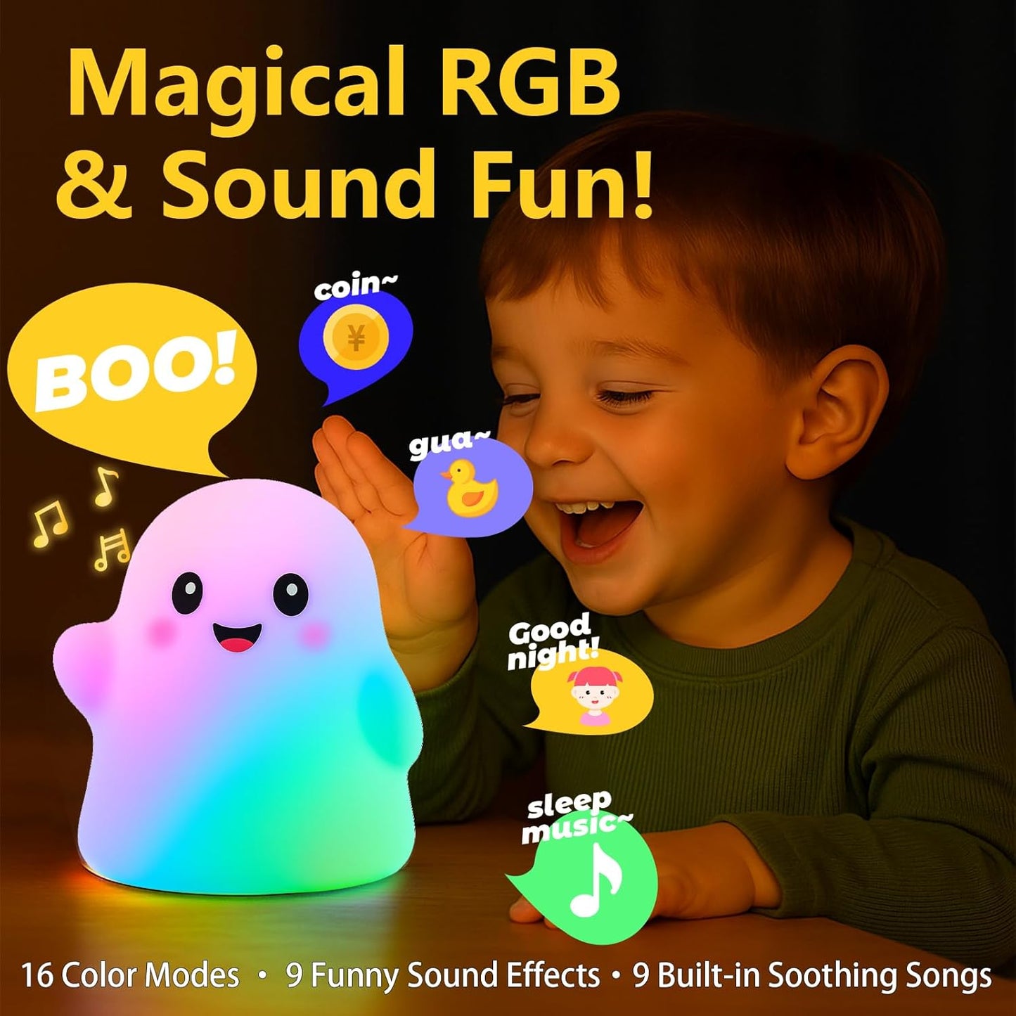 Halloween Ghost Night Light RGB – Touch Night Light for Kids, Rainbow Color-Changing,30-Min