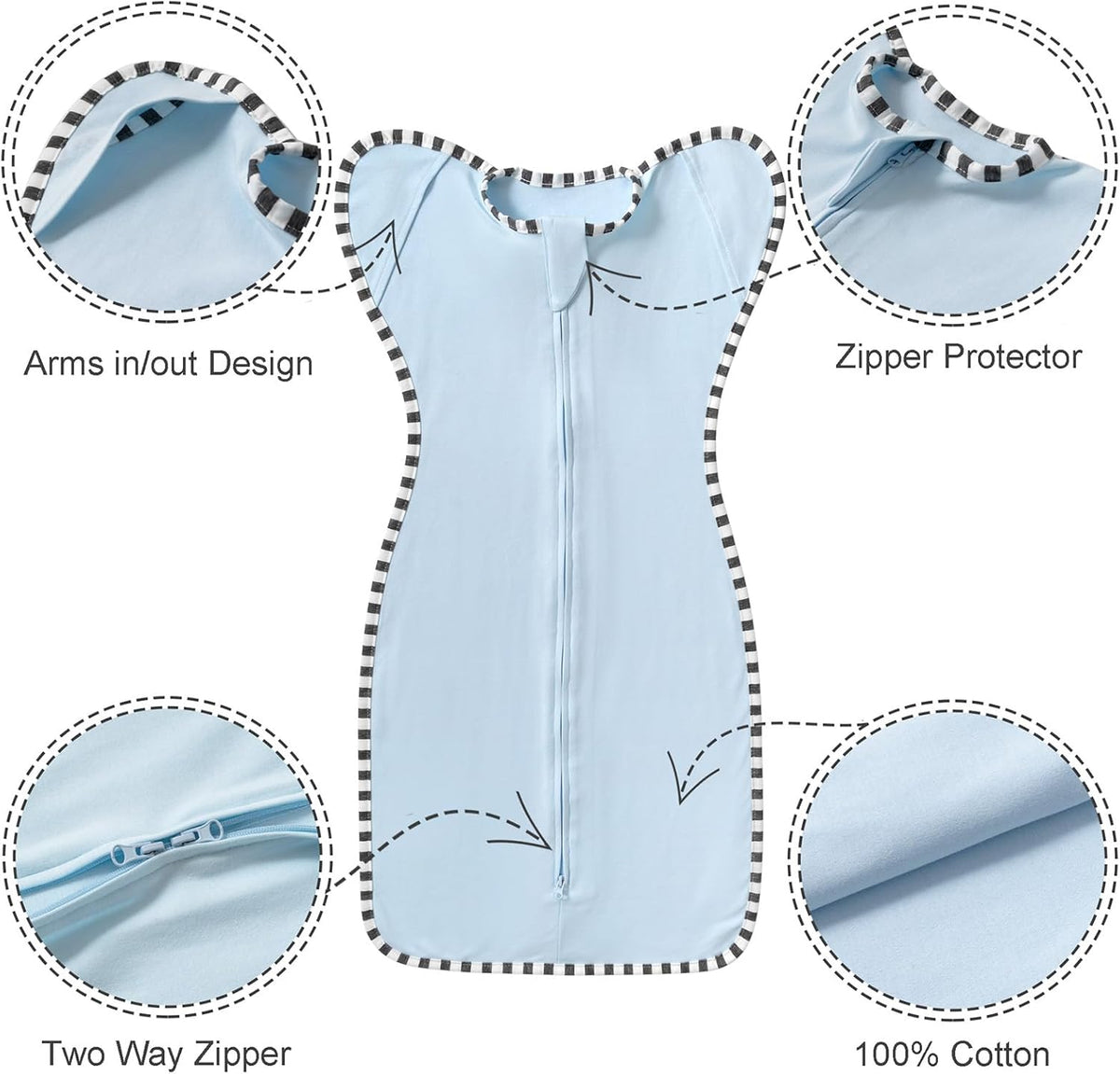 Transition Swaddle, 2 Pack 100% Cotton Baby Sleep Sack, 2-Way Zipper Infant Arm Up Swaddle for