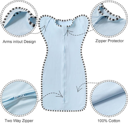 Transition Swaddle, 2 Pack 100% Cotton Baby Sleep Sack, 2-Way Zipper Infant Arm Up Swaddle for