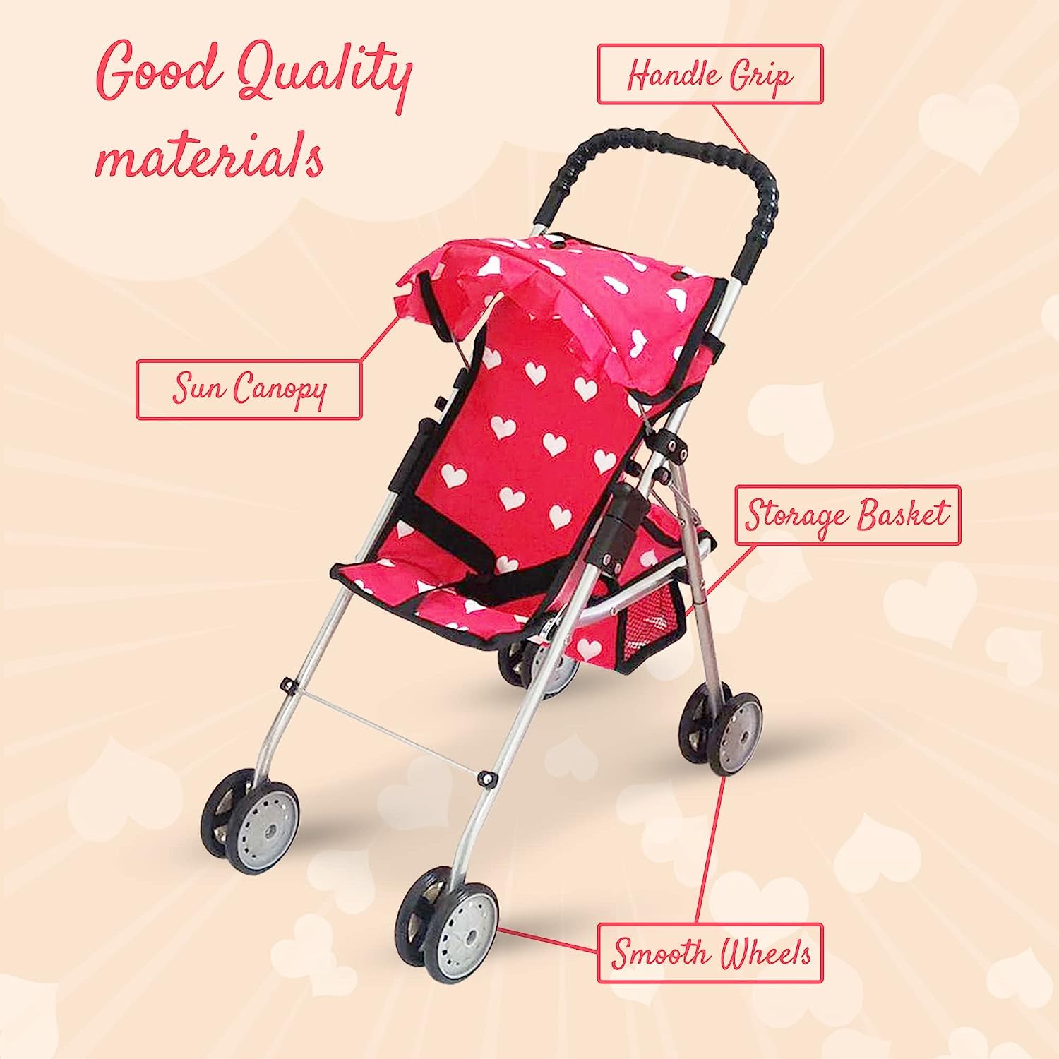 The New York Doll Collection My First Doll Stroller with Basket & Heart Design Foldable Doll