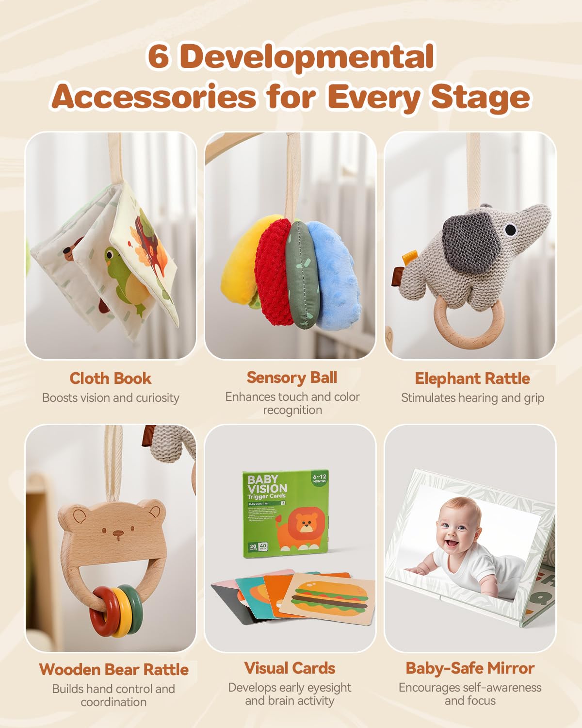 Wooden Baby Play Gym & Tummy Time Playmat – Montessori Sensory Activity Mat with 6 Developmental