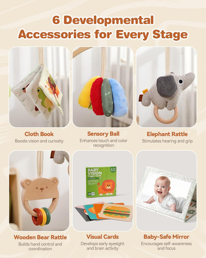 Wooden Baby Play Gym & Tummy Time Playmat – Montessori Sensory Activity Mat with 6 Developmental