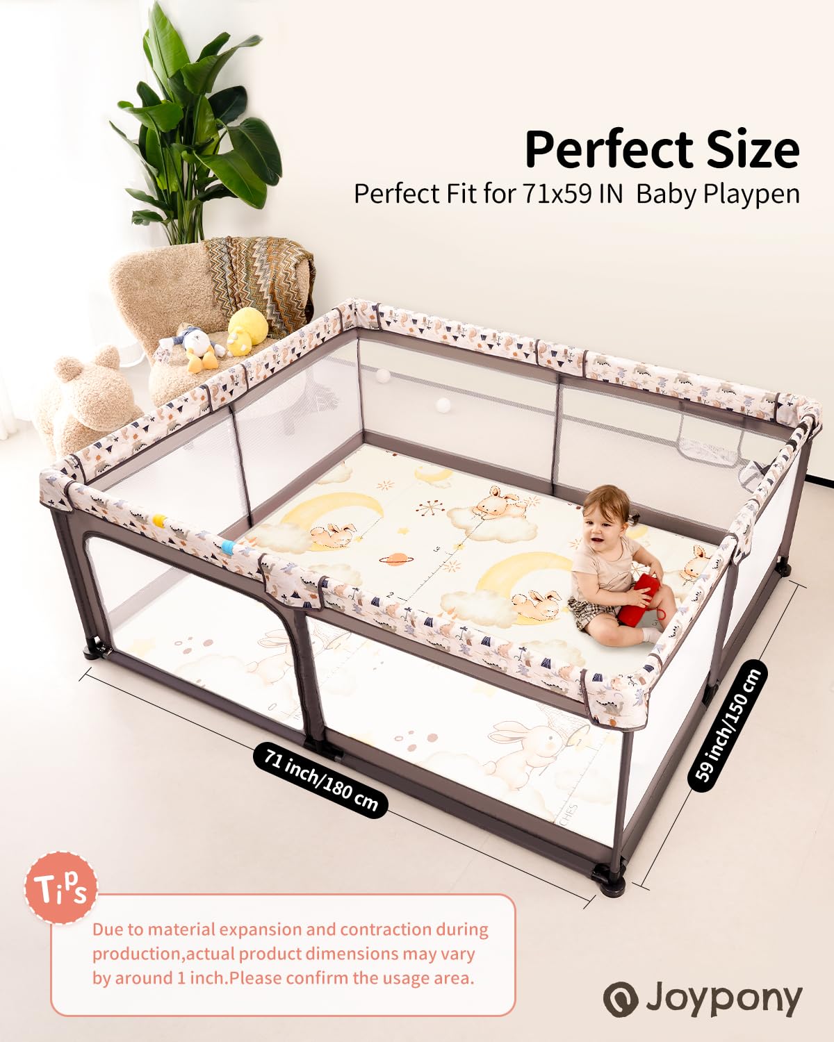 Baby Play Mat 71x59 Inches, Foldable Play Mats for Babies and Toddlers, Waterproof & Anti-Slip