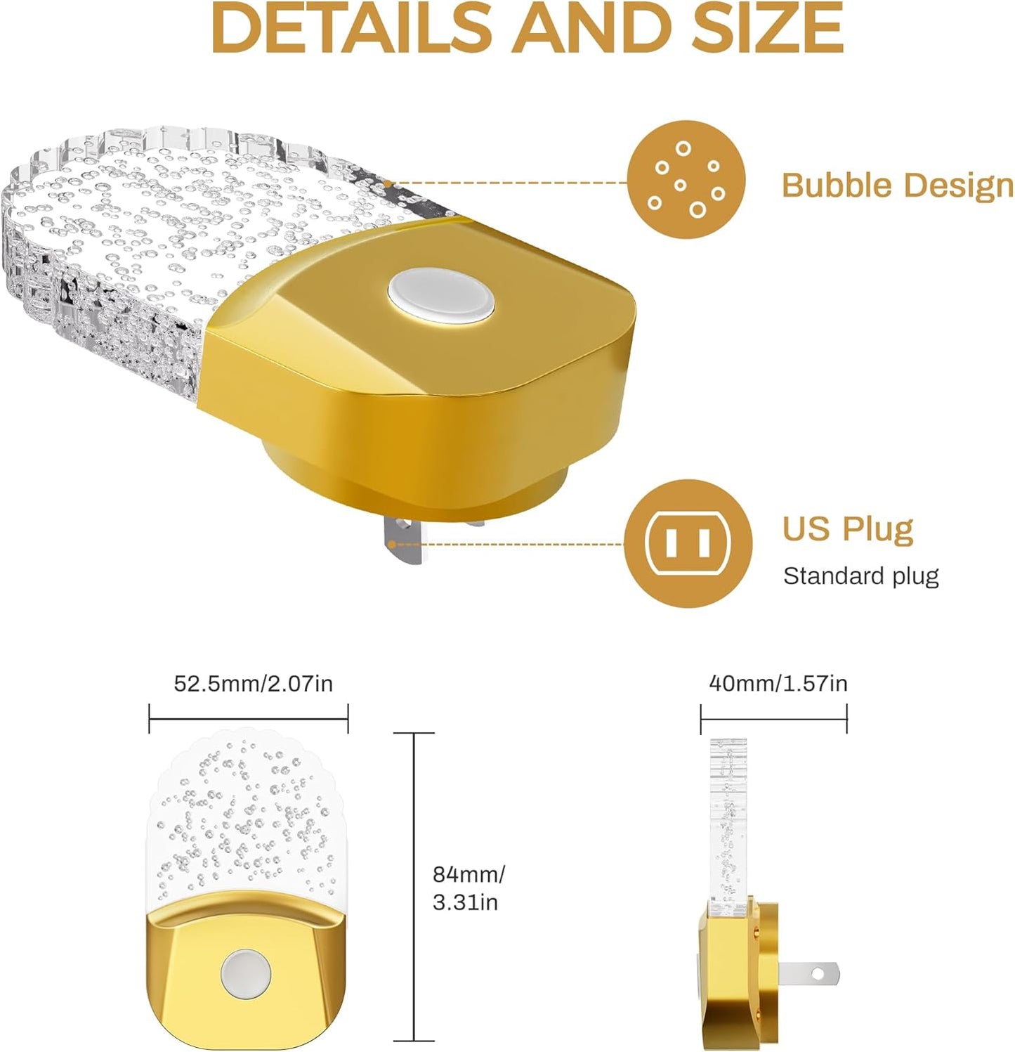 Night Lights Plug into Wall, 2 Pack, Night Light Color Changing, LED Acrylic 8 Colors RGB, Gold