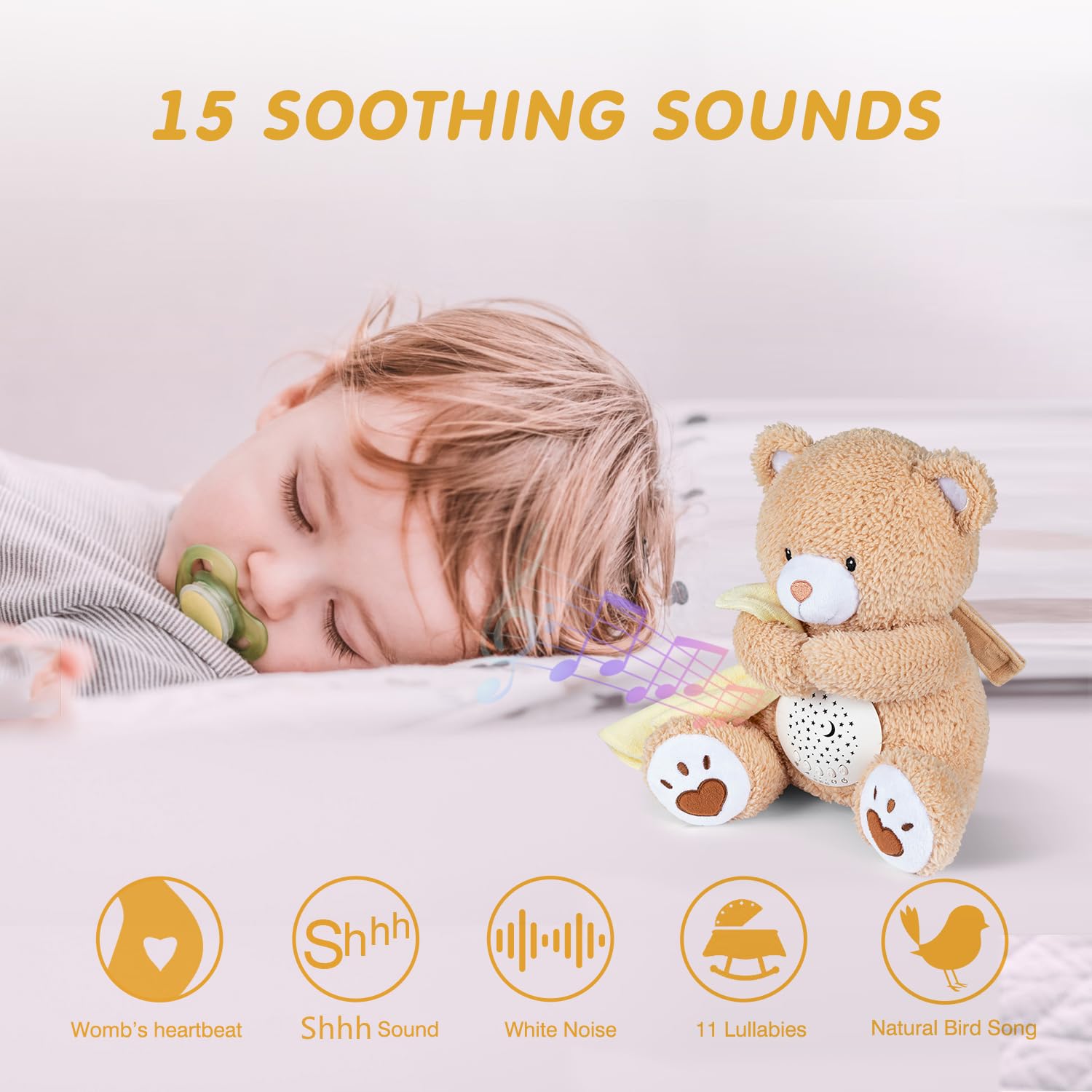 BEREST Baby Sleep Soother Bear, Mom's Heartbeat & Lullabies White Noise Machine, Nursery Decor