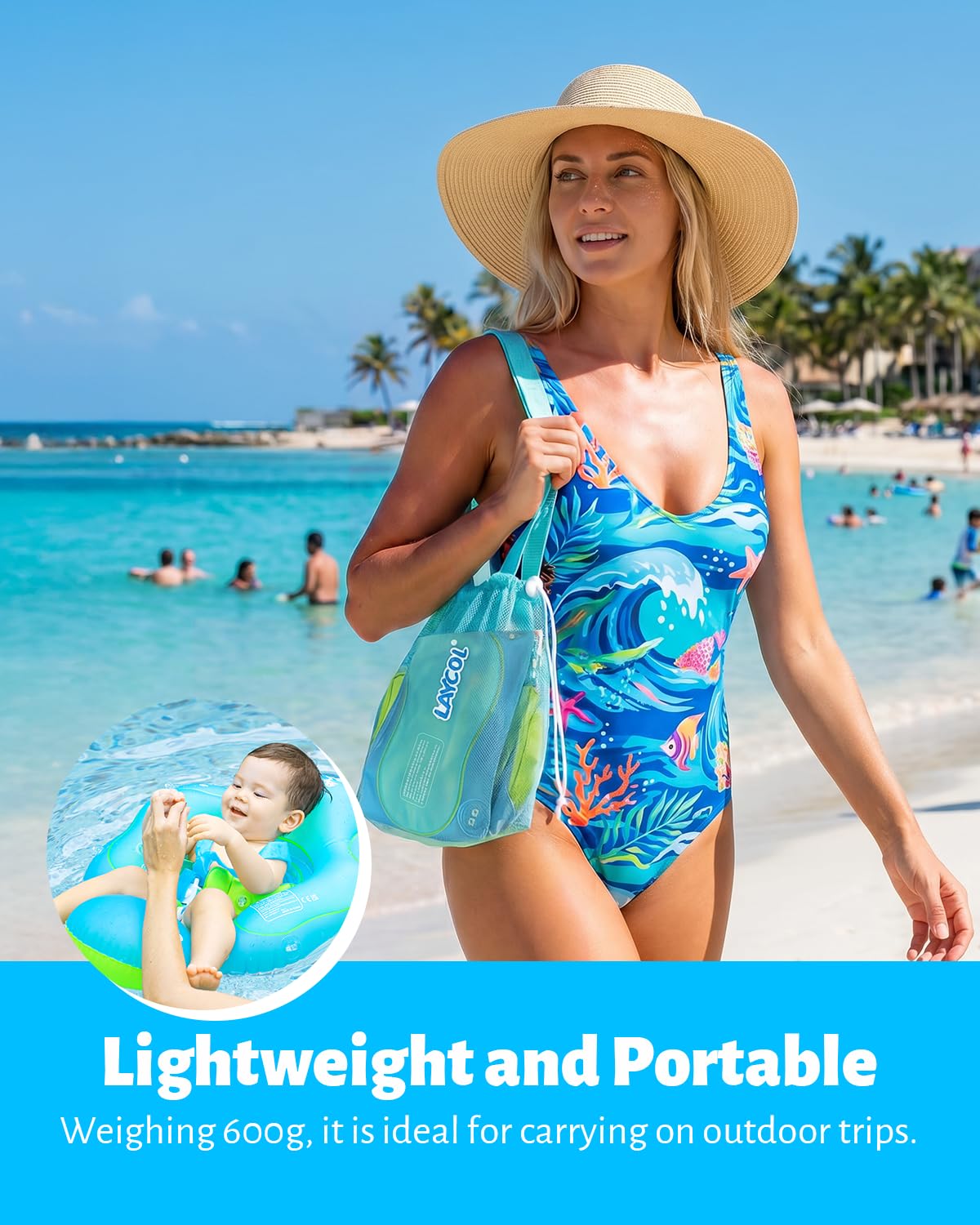 LAYCOL Baby Pool Float with Canopy UPF50+, 5 Point Safety Buckle No Flip Over, Inflatable Toddler