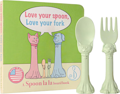 Made in USA Spoon la la Toddler Utensils Set (2 Pack) & Board Book - Spoon & Fork for Kids