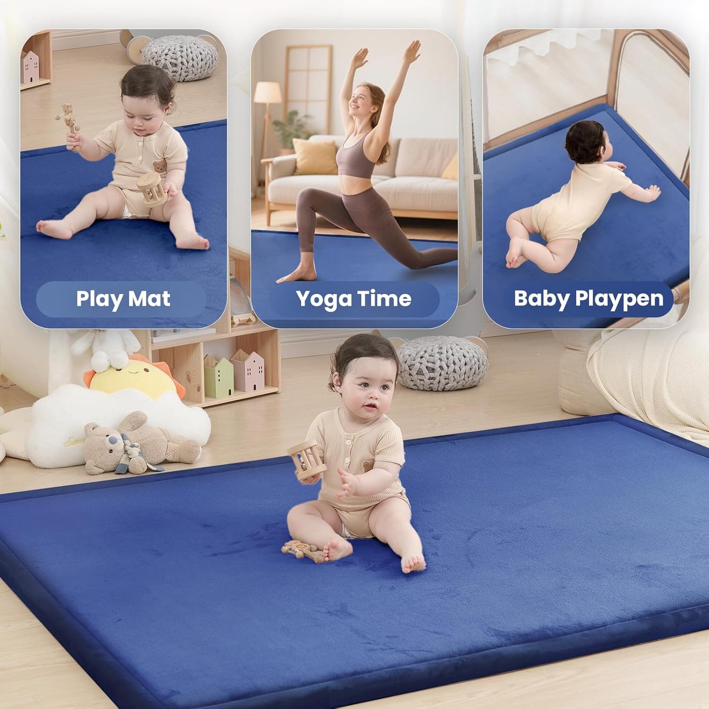 Baby Play Mat for Floor,1.3" Thick Memory foam Tummy Time Mat,Soft Coral Velvet Nursery Rug,Extra