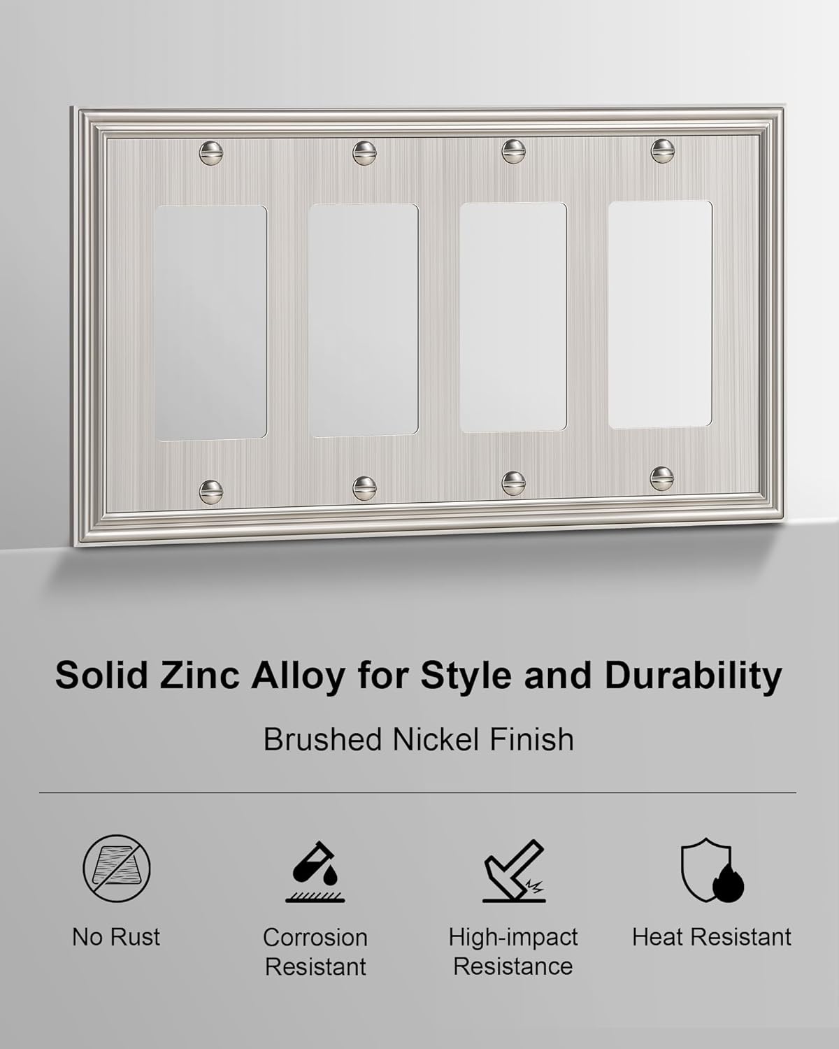2-Pack Quad Decorator Outlet Cover Plate, Zinc Alloy Brushed Nickel Switch Plates and Outlet