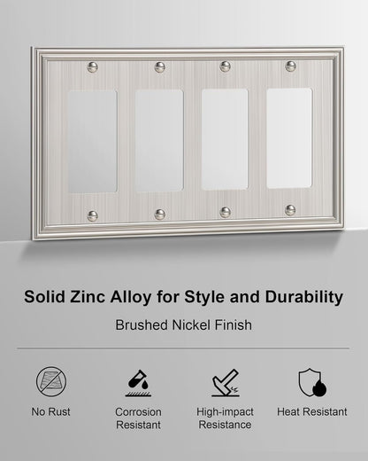 2-Pack Quad Decorator Outlet Cover Plate, Zinc Alloy Brushed Nickel Switch Plates and Outlet