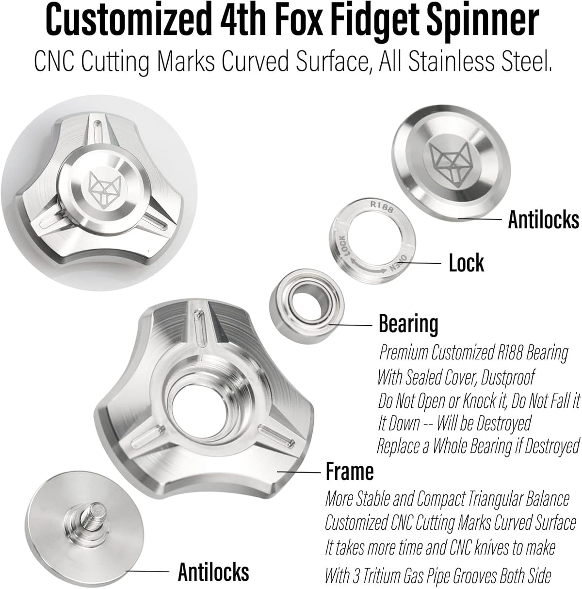 FREELOVE Metal Fidget Spinner, Stainless Steel Heavy, Long Spinning Toys, Cool Silent, Small Mini