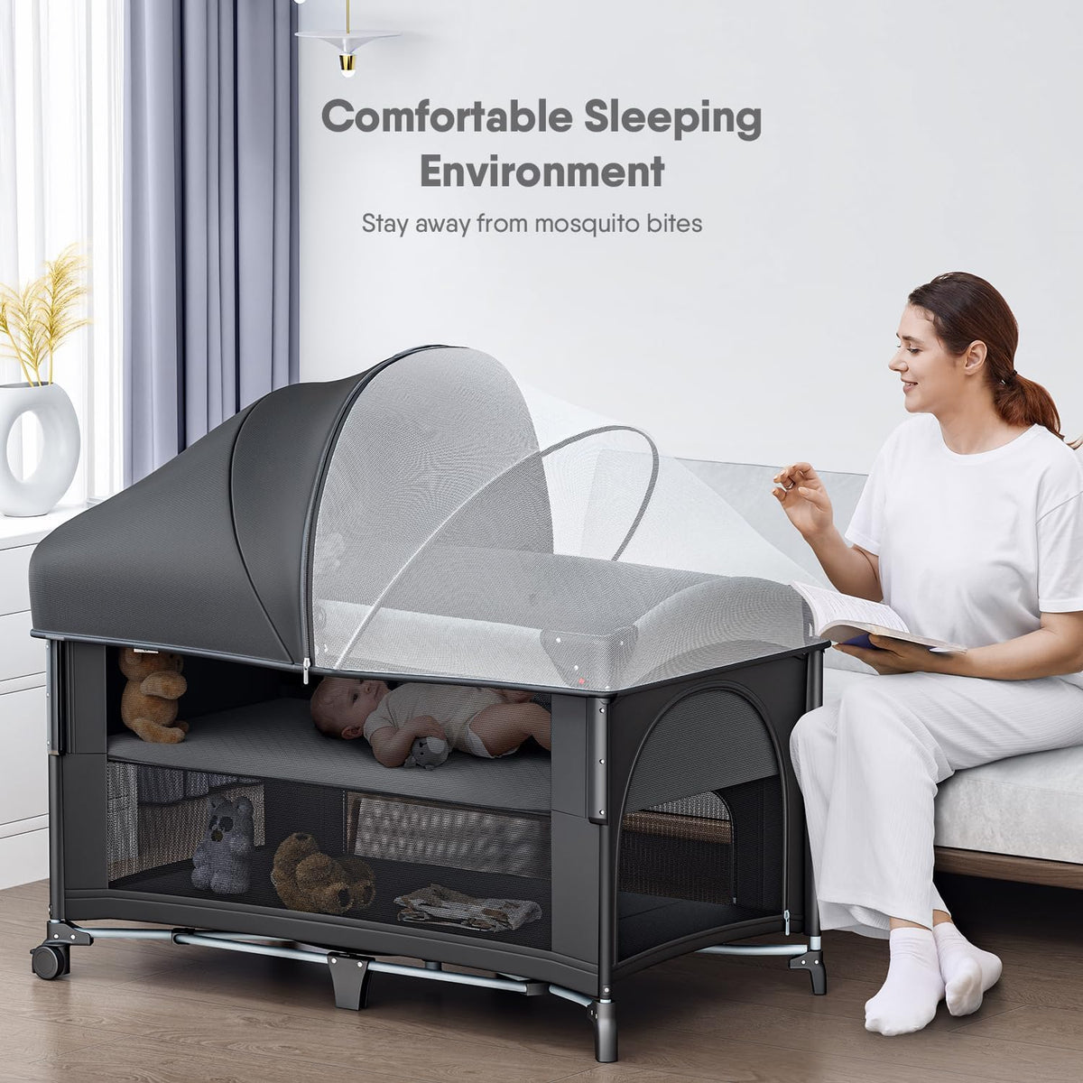4 in 1 Baby Bassinet, Pack and Play, Bedside Crib Sleeper, Diaper Changer - Comes with Mattress